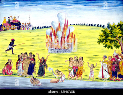 . Anglais : les photos prises par les artistes pour l'Indien en Inde Britannique sont appelés Société peintures. Celui-ci illustre la pratique du sati (suttee) ou veuve-burning). Le mot est le Sanskrit pour "bonne femme" ou "vraie femme". Il a été appliqué à la veuve hindoue qui fait le sacrifice suprême en suivant son mari sur le bûcher funéraire. Bien que réprimé dans le 19e siècle, des cas isolés de sati se produisent encore en Inde, encore aujourd'hui. vers 1800 (peint) ca. (1800). Inconnu (production) 1096 cérémonie Sati Banque D'Images