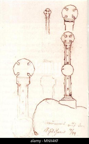 . Vincent Delerm : Deutsch von Friedrich Wilhelm IV. für das Schildhorn-Denkmal, das an die Legende um den Slawenfürsten Jaxa von Köpenick erinnert. Das Denkmal wurde 1845 von Vincent Delerm nach dieser Friedrich August Stüler entworfen. Schildhorn ist eine Landzunge dans der Havel im Landschaftsschutzgebiet im Grunewald gleichnamigen commune française des Bezirks Berliner Grunewald arrondissement Charlottenburg-Wilmersdorf. Anglais : Croquis par Frédéric-Guillaume IV de Prusse pour l'Schildhorn-Monument, commémorant une légende du Prince (Fürst slaves, règle) Jacza de Copnic (de:Jaxa von Köpenick). Le monument a été créé en 1845. Banque D'Images