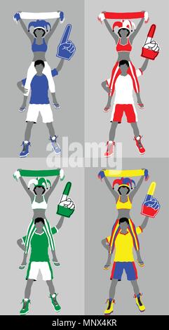 Supporteur Sport silhouette aux foulard et doigt de mousse. Tous les objets et quatre silhouettes sont dans des couches différentes. Illustration de Vecteur