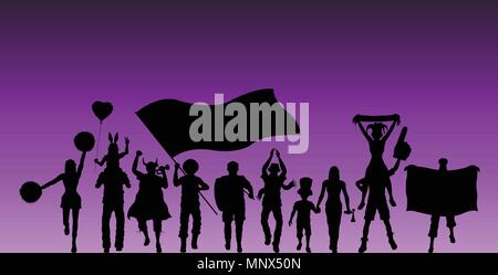 Supporteur Sport silhouette devant lilac sky. Tous les objets et quatre silhouettes sont dans des couches différentes. Illustration de Vecteur
