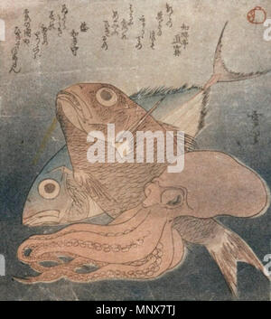 . Anglais : Squid, Brème et de bonite, surimono par Setsuri (rien n'est connu sur Setsuri (雪里) autres que ce qu'il a conçu pour le groupe surimono du tambour (dont le sceau est dans le coin droit supérieur) à propos de 1820. L'impression a été copié plusieurs fois.) . vers 1820. 1112 Setsuri Setsuri - (shikishiban) Squid, Bream &AMP ; Bonito Banque D'Images