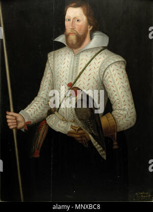 . Anglais : Portrait de Sir Thomas Monson, 1 baronnet, tenant un pèlerin et sa baguette d'office), ch. 1610, identifiée par une inscription comme 'Sr L'Estrange/Mordaunt Bart/ 26 Juin 1611 circa 1610 .'. 1125 Sir Thomas Monson c. 1610 v2 Banque D'Images