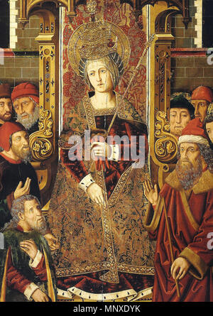Santa Helena reunida con los judíos . Español : La obra représenta un Santa Helena de Constantinopla, Madre del Emperador Constantino, sentada en su trono y acompañada por varios judíos. Anglais : retable de la Sainte Croix (Retable de la Santa Cruz) ; Église de Blesa, Aragon, Espagne. Ce panneau affiche Saint Helena intronisé parmi les Juifs. Helena porte une trigregnum, symbole qu'elle représente l'Église catholique dans sa quête de la Vraie Croix. L'Espagnol-gothique ; huile sur bois, c.1481-1487. . Ca. 1483-1487. 1137-St Helena-intronisé-entre-juifs-jimenez - bernalt-1480s Banque D'Images
