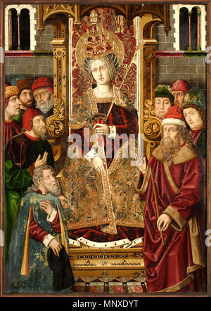 Santa Helena reunida con los judíos . Español : La obra représenta un Santa Helena de Constantinopla, Madre del Emperador Constantino, sentada en su trono y acompañada por varios judíos. Anglais : retable de la Sainte Croix (Retable de la Santa Cruz) ; Église de Blesa, Aragon, Espagne. Ce panneau affiche Saint Helena intronisé parmi les Juifs. Helena porte une trigregnum, symbole qu'elle représente l'Église catholique dans sa quête de la Vraie Croix. L'Espagnol-gothique ; huile sur bois, c.1481-1487. . Ca. 1483-1487. 1137-St Helena-intronisé-entre-juifs-JIMENEZ-bernalt-espagne-1480s Banque D'Images