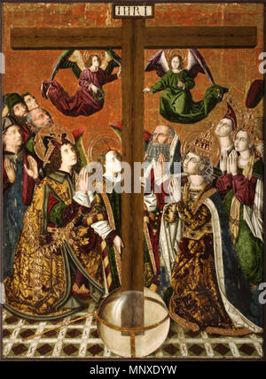 Adoración de la Santa Cruz por Santa Helena y el Emperador Heraclio . Español : La obra muesta a Santa Helena de Constantinopla y al emperador Heraclio adorando la Vera-Cruz, en la que fue crucificado Jesucristo. Anglais : retable de la Sainte Croix (Retable de la Santa Cruz) ; Église de Blesa, Aragon, Espagne. Ce panneau affiche Sainte-hélène et, de manière anachronique, l'empereur byzantin Héraclius dans l'adoration de la Croix vraie. Helena porte une trigregnum, symbole qu'elle représente l'Église catholique dans sa vénération de la Croix. L'Espagnol-gothique ; huile sur bois, c.1481-1487. . Ca. 1483-1487. Banque D'Images
