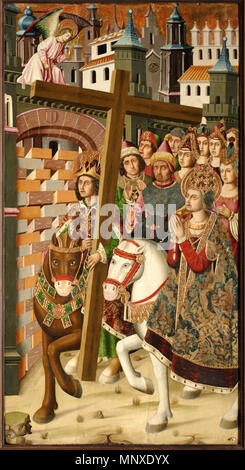 Santa Helena y el Emperador Heraclio . Español : La obra muestra a Santa Helena de Constantinopla junto al emperador Heraclio y la Vera-Cruz, aunque dicha santa vivió en realidad trescientos años antes que el Emperador. Anglais : retable de la Sainte Croix (Retable de la Santa Cruz) ; Église de Blesa, Aragon, Espagne. Ce panneau affiche Sainte-hélène et, de manière anachronique, l'empereur byzantin Héraclius en tenant la Vraie Croix à Jérusalem. Helena porte une trigregnum, symbole qu'elle représente l'Église catholique dans sa vénération de la Vraie Croix. L'Espagnol-gothique ; huile sur bois, c.1481-1487. Banque D'Images