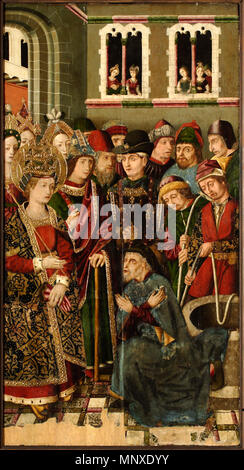 Confesión del judío Judas . Español : La obra muestra un judío onu de Jerusalén llamado judas, que según la leyenda Dorada tenía conocimiento de dónde se hallaba la Vera-Cruz, siendo por interrogado Constantinopla de Santa Helena. Anglais : retable de la Sainte Croix (Retable de la Santa Cruz) ; Église de Blesa, Aragon, Espagne. Ce panneau affiche Saint Helena questions Judas sur l'emplacement de la Vraie Croix. Helena porte une trigregnum, symbole qu'elle représente l'Église catholique, et ce qui rend l'image un parallèle de la Sainte Inquisition. L'Espagnol-gothique ; huile sur bois, c.1481-1487. . Banque D'Images