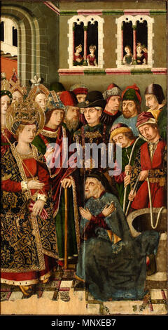 Confesión del judío Judas . Español : La obra muestra un judío onu de Jerusalén llamado judas, que según la leyenda Dorada tenía conocimiento de dónde se hallaba la Vera-Cruz, siendo por interrogado Constantinopla de Santa Helena. Anglais : espagnol médiéval peinture montre entre autres un Juif quelques années avant que l'expulsion de l'Espagne, à l'origine un retable de la Sainte Croix de Blesa . Entre 1483 et 1487 circa circa. 1139 St.-HelenaInterrgogatingJudas Banque D'Images