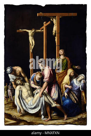 . Français : La déposition de Croix, 16ème siècle. Peinture sur ardoise. . 16e siècle. Strasbourg 1146, Simone Peterzano MBA (full) Banque D'Images