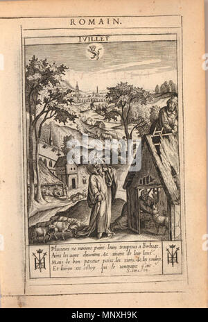 . Anglais : en juillet. Paysage avec Jésus Christ comme un berger en bas à gauche, un stable à droite ; signe du lion en haut centre ; la typographie en noir et rouge au-dessus de l'encre et l'impression au verso. 7 plaque en une série de gravures, les douze derniers mois, montrant le mois avec des scènes du Nouveau Testament et texte français en dessous. Hauteur : 137 mm Largeur : 88 mm . Entre 1624 et 1645. Jan Gerritsz Sweelink (1600 ou 1601-1645) Noms alternatifs Jan Gerritsz. Sweelink, Jan Gerritsz Swelinck Description peintre, dessinateur et graveur Date de naissance/décès vers 1601 1 Banque D'Images