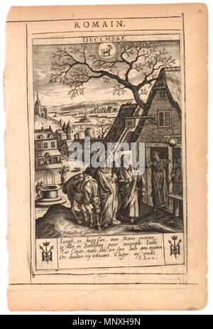 . Anglais : Décembre. St Joseph et la vierge enceinte d'une maison de village, en premier plan, un village et la rivière en arrière-plan ; signe du Capricorne en haut centre ; la typographie en noir et rouge au-dessus de l'encre et l'impression au verso. Planche 12 dans une série de gravures, les douze derniers mois, montrant le mois avec des scènes du Nouveau Testament et texte français en dessous. Hauteur : 137 mm Largeur : 90 mm . Entre 1624 et 1645. Jan Gerritsz Sweelink (1600 ou 1601-1645) Noms alternatifs Jan Gerritsz. Jan Gerritsz Swelinck Sweelink, peintre néerlandais Description, ébauches Banque D'Images