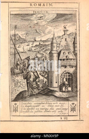 . Anglais : Février. Paysage de rivière avec Jésus Christ aborder trois pêcheurs dans leur bateau à gauche, une entrée monumentale porte à droite ; signe du Verseau en haut centre ; la typographie en noir et rouge au-dessus de l'encre et l'impression au verso. Planche 2 d'une série de gravures, les douze derniers mois, montrant le mois avec des scènes du Nouveau Testament et texte français en dessous. Hauteur : 137 mm Largeur : 87 mm . Entre 1624 et 1645. Jan Gerritsz Sweelink (1600 ou 1601-1645) Noms alternatifs Jan Gerritsz. Jan Gerritsz Swelinck Sweelink, peintre néerlandais Description, ébauches Banque D'Images