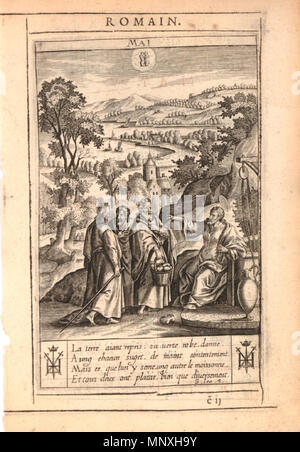 . Anglais : Mai. Paysage de rivière avec Jésus le Christ et la Samaritaine près d'un puits en premier plan ; signe du zodiaque des Gémeaux en haut centre ; la typographie en noir et rouge au-dessus de l'encre et l'impression au verso. Planche 5 d'une série de gravures, les douze derniers mois, montrant le mois avec des scènes du Nouveau Testament et texte français en dessous. Hauteur : 138 mm Largeur : 88 mm . Entre 1624 et 1645. Jan Gerritsz Sweelink (1600 ou 1601-1645) Noms alternatifs Jan Gerritsz. Sweelink, Jan Gerritsz Swelinck Description peintre, dessinateur et graveur Date de naissance/décès c Banque D'Images