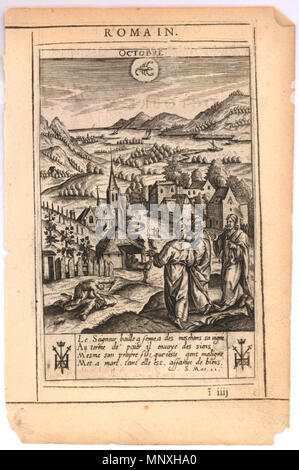 . Anglais : Octobre. Paysage avec Jésus Christ l'examen de deux prêtres en bas à droite, l'un des vignerons le meurtre d'un serviteur à gauche (parabole des vignerons), un village et une rivière en arrière-plan ; signe du Scorpion en haut centre ; la typographie en noir et rouge au-dessus de l'encre et l'impression au verso. 10 Dans une série de gravures, les douze derniers mois, montrant le mois avec des scènes du Nouveau Testament et texte français en dessous. Hauteur : 137 mm Largeur : 89 mm . Entre 1624 et 1645. Jan Gerritsz Sweelink (1600 ou 1601-1645) Noms alternatifs Jan Gerritsz. Banque D'Images