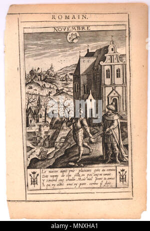. Anglais : Novembre. Paysage avec un roi sur un homme en vêtements normaux (parabole du banquet de mariage), une église au-delà, un village avec un cochon massacrés et collines en arrière-plan ; signe du Sagittaire en haut centre ; la typographie en noir et rouge au-dessus de l'encre et l'impression au verso. Planche 11 dans une série de gravures, les douze derniers mois, montrant le mois avec des scènes du Nouveau Testament et texte français en dessous. Hauteur : 135 mm Largeur : 87 mm . Entre 1624 et 1645. Jan Gerritsz Sweelink (1600 ou 1601-1645) Noms alternatifs Jan Gerritsz. Sweelink, J Banque D'Images