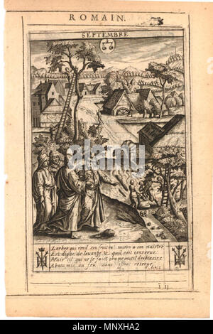 . Anglais : Septembre. Paysage avec Jésus Christ aborder trois prêtres en bas à gauche, un arbre fruitier cueillies à gauche, les maisons en arrière-plan ; signe du zodiaque de la balance au centre supérieur ; la typographie en noir et rouge au-dessus de l'encre et l'impression au verso. 9 dans une série de gravures, les douze derniers mois, montrant le mois avec des scènes du Nouveau Testament et texte français en dessous. Hauteur : 143 mm Largeur : 88 mm . Entre 1624 et 1645. Jan Gerritsz Sweelink (1600 ou 1601-1645) Noms alternatifs Jan Gerritsz. Sweelink, Jan Gerritsz Swelinck, peintre néerlandais Description Banque D'Images