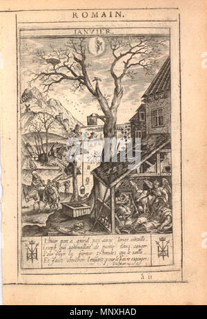 . Anglais : Janvier. Paysage d'hiver avec la Sainte Famille au repos dans un environnement stable à l'extérieur de l'inn en bas à droite, un ange pointant sur la Vierge à l'enfant, un grand arbre au centre avec une rivière gelée au-delà, la Sainte Famille vu de nouveau sur une route à gauche ; signe du Verseau en haut centre ; la typographie en noir et rouge au-dessus de l'encre et l'impression au verso planche 1 dans une série de gravures, les douze derniers mois, montrant le mois avec des scènes du Nouveau Testament et texte français en dessous. Hauteur : 141 mm Largeur : 87 mm . Entre 1624 et 1645. Jan Gerritsz Sweelink (1600 ou 1601- Banque D'Images