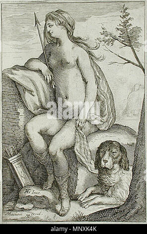 Capture numérique . Anglais : Nymphe et grand chien l'impression, gravure, 18,1 x 11,75 cm. Planche 8 de la série de huit sujets disparates. Dans la collection de la Los Angeles County Museum of Art entre 1607 et 1610. Sans titre by munier Jacob 936 nymphes et grand chien - Sans titre by munier Jacob Banque D'Images