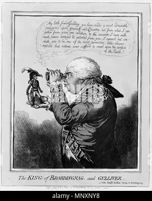 . Légende : 'Le Roi de BROBDINGNAG, et Gulliver. -- Vide : Gulliver de Swift's Voyage à Brobdingnag" le roi dit à Napoléon : "Mon petit ami Grildrig, vous avez fait une plus admirable panégyrique sur vous-même et le pays, mais d'après ce que je peux voir à partir de votre propre rapport [c.-à-d'histoire] et les réponses que j'ai avec beaucoup de mal wringed & extorqué de vous, je ne peux que conclure que vous d'être l'un des plus pernicieux que la nature reptiles odieux peu jamais souffrir à ramper à la surface de la terre". Informations bibliographiques disponibles sur le site web de la Library of Congress : RÉSUMÉ : Le roi George III en mil Banque D'Images