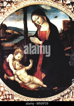 L'Italien : Madonna col bambino e San Giovannino la Vierge avec saint Giovannino . Anglais : c'est le tableau intitulé "La Madone avec Saint Giovannino', du 15ème siècle, très probablement peint par Domenico Ghirlandaio. Le tableau représente Marie Mère de Jésus à la recherche vers le bas pendant qu'en arrière-plan vous pouvez voir une image claire de ce qui semble être un ovni volant au-dessus alors qu'un homme sur une corniche bloque le soleil avec sa main et regarde l'étrange objet volant dans le ciel. Sur l'Adoration de Ghirlandaio de l'enfant à partir de la Pinacoteca Ambrosiana nous pouvons également voir clairement un objet volant 'étrange' Banque D'Images