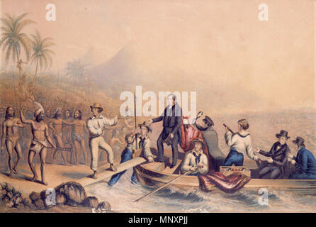 . Anglais : La réception de l'abbé J. Williams, à Tanna, dans les mers du Sud, la veille du jour où il a été massacrée. La côte bordée de palmiers de l'île de Tanna avec un au-delà de la montagne, à l'époque coloniale Nouvelles Hébrides. Le Rév. John Williams quitte à terre d'une chaloupe avec d'autres Européens, vers une foule de Vanuatuans en 1839. Publié par G. Baxter, 1841. Huile 1(s) d'impression couleur d'huile, 213 x 317 mm. Travaux d'art unique. Numéro de référence : B-088-003. . 1841. George Baxter (1804-1867) Description L'artiste britannique et de l'imprimante Date de naissance/décès 1804 1867 Lieu de naissance/décès Lewes, dans le Sussex, Angleterre, U Banque D'Images