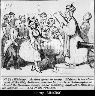 Anglais : Scènes d'un drame historique. La cour, mariage et séparation des Mynheer & son frow belge . Anglais : le mariage des Pays-Bas et de la Belgique (Traité de Vienne de 1815) English : Caricature anglaise représentant le mariage de la Belgique et des Pays-Bas. La légende dit : " Troisièmement le mariage. L'Autriche la conduit à l'autel ; Metternich, l'archiprêtre de la Sainte-Alliance la marie ; le sacristain Castlereagh crie " amen " ; le Russe danse à son mariage et John Bull paie les frais. - Fin de l'acte premier. " Italiano : Caricatura francese che rappresenta il matrimonio Banque D'Images