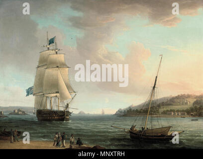 Une foule d'un phare Admiral of the Blue passant Mount Edgcumbe comme elle ferme dans le port de Plymouth 1815. 1190 Thomas Whitcombe - une foule de phare d'un amiral de la Mount Edgcumbe passage bleu Banque D'Images