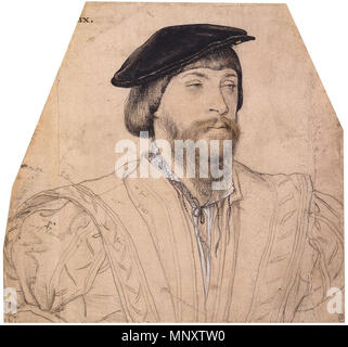 . Anglais : Portrait de Thomas, seigneur de Vaux. Les craies de couleur et noir, plume et encre, rose-apprêté metalpoint sur papier, 27,9 × 29,5 cm, Collection royale, le château de Windsor. Le dessin a été réduit à une forme irrégulière dans une période ultérieure, de mutiler l'inscription. Thomas Vaux, 2 Baron Vaux d'Harrowden, était un poète, l'auteur de versets posthumes dans Tottel's Miscellany, 1557. Il a servi en tant que capitaine de l'île de Jersey. Holbein a attiré un portrait de lui plus tard. Il a également appelé l'épouse de Vaux, Lady Elizabeth. c. 1535-40. Hans Holbein (1497/1498-1543) Noms alternatifs Hans Holbein der Jüngere, Banque D'Images