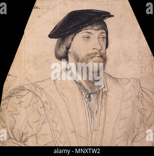 . Anglais : Portrait de Thomas, seigneur de Vaux. Les craies de couleur et noir, plume et encre, rose-apprêté metalpoint sur papier, 27,9 × 29,5 cm, Collection royale, le château de Windsor. Le dessin a été réduit à une forme irrégulière dans une période ultérieure, de mutiler l'inscription. Thomas Vaux, 2 Baron Vaux d'Harrowden, était un poète, l'auteur de versets posthumes dans Tottel's Miscellany, 1557. Il a servi en tant que capitaine de l'île de Jersey. Holbein a attiré un portrait de lui plus tard. Il a également appelé l'épouse de Vaux, Lady Elizabeth. c. 1535-40. Hans Holbein (1497/1498-1543) Noms alternatifs Hans Holbein der Jüngere, Banque D'Images