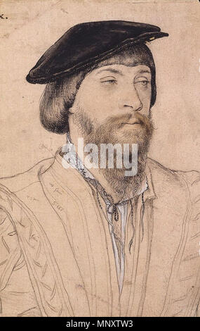 . Anglais : Portrait de Thomas, seigneur de Vaux. Les craies de couleur et noir, plume et encre, rose-apprêté metalpoint sur papier, 27,9 × 29,5 cm, Collection royale, le château de Windsor. C'est un détail de la rectangulaire dimensions coupe irrégulière. Thomas Vaux, 2 Baron Vaux d'Harrowden, était un poète, l'auteur de versets posthumes dans Tottel's Miscellany, 1557. Il a servi en tant que capitaine de l'île de Jersey. Holbein a attiré un portrait de lui plus tard. Il a également appelé l'épouse de Vaux, Lady Elizabeth. c. 1535-40. Hans Holbein (1497/1498-1543) Noms alternatifs Hans Holbein der Jüngere, Hans Holbein Allemand Description Banque D'Images