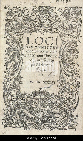 . Anglais : page de titre de Loci Communes. Gravure sur bois, 13,5 × 8 cm, British Library, Londres. Loci Communes (lieux communs), la première exposition complète de la doctrine luthérienne, a été écrit par le théologien Philipp Melanchthon (1497-1560) en 1521. Holbein a conçu la page de titre de l'édition 1535 à peu près en même temps qu'il a peint un portrait de la cocarde de Melanchthon. Ornementale du Holbein couvercle pour la peinture de motifs d'actions avec cette page de titre, y compris le même feuillage courbé et tuyauterie jouant des faunes (Foister, 138). Henry VIII administré cette copie du livre. Publié 1536. Hans Holbein (1497/1498-1 Banque D'Images