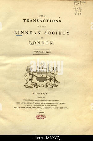 . C'est une page du volume X des transactions de la Société linnéenne de Londres, publié en 1811. 1811. Divers 1203 transactions de la Société linnéenne de Londres, Volume 10 - p. i-original Banque D'Images