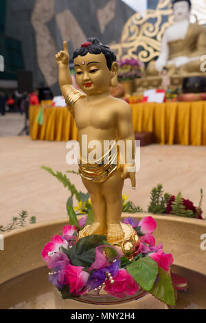 Petit bébé golden Buddha figurine avec un bras pointant vers le ciel une au sol debout sur lotus décorées de fleurs colorées. Banque D'Images