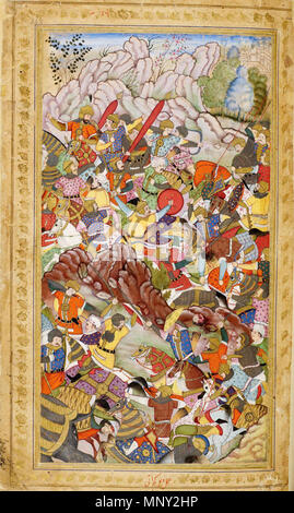 . Anglais : La bataille de Panipat entre les armées de Babur et Ibrahim Lodi (1526). Une illustration pour l'Vaqi 'at-je Baburi, une traduction persane du Baburnama, c.1590. Cette miniature est dans le style Mughal Akbar/. vers 1590. Deo Gujarati 1218 Vaki'at-i Baburi - La première bataille de Panipat par Deo Gujarati Banque D'Images