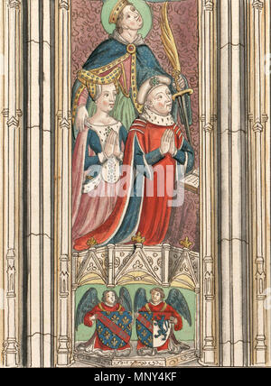 . English : Vitrail de N.-D. de Chartres, sur lequel sont représentés un prince et sa femme, agenouillés, conduits par sainte Catherine : Jean de Bourbon et Catherine de Vendôme . Date inconnue. 1228 Inconnu Vendome1 Banque D'Images