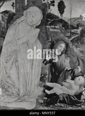 . Anglais : Madonna et deux anges adorant le Christ Enfant . entre vers 1473 et vers 1478. attribué à Verocchio (d. 1488) et Leonardo da Vinci (d. 1519) 1231 Verrocchio et Leonardo da Vinci (attrib) l'Adoration de Detroit 01 Banque D'Images