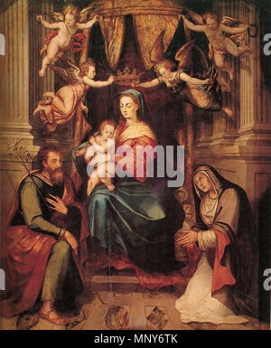 . Anglais : Vierge à l'enfant, Anna et Joseph, plus communément connu sous le nom de la Vierge de l'Expiation, par Simon Pereyns (1568). Utilisé pour former l'élément central de l'autel du pardon à la cathédrale métropolitaine de Mexico. Détruit par un incendie le 17 janvier 1967. . 1568. 1240 Virgendelperdon Banque D'Images