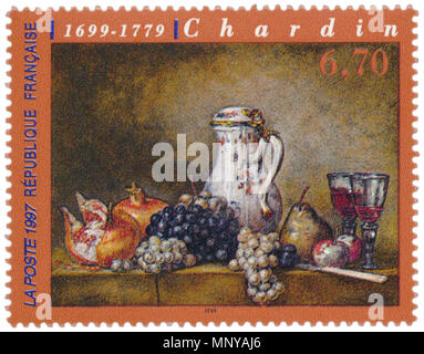 . English : Raisins et grenades, le timbre émis en 1997 . 27 février 2014, 21:54:05. Jean-Baptiste-Siméon Chardin (1699-1779) Noms alternatifs Jean-Baptiste Siméon Chardin Description peintre et pastellist Date de naissance/décès 2 Novembre 1699 6 décembre 1779 Lieu de naissance/décès Paris Paris période de travail entre 1724 et 1779 environ vers lieu de travail Paris contrôle d'autorité : Q207447 : VIAF 12392613 ISNI : 0000 0001 2120 9709 ULAN : 500115331 RCAC : n79061326 35905097 1258 NLA : WorldCat WIKITIMBRES.FR POSTE-1997-73 Banque D'Images