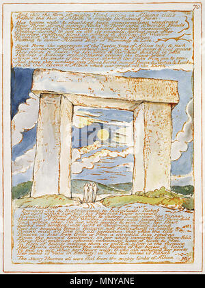 . Anglais : Jérusalem l'émanation de l'Albion géant e p70 300 Jérusalem l'émanation de l'Albion, Géant, 70 E copie de l'objet (Bentley, 70 Erdman 70, Keynes 70) Secteur E Illustration : la plaque d'une route passe sous un énorme-caméra peut-être d'être identifié avec le site de Stonehenge, mentionné plusieurs fois à Jérusalem-qui plane sur trois, ou la marche, les chiffres. La campagne environnante est herbacé et vallonné, avec des suggestions d'arbres en face de la pierre debout sur la droite. La pleine lune allume un ciel nocturne nuageux mais lumineux, avec des oiseaux volant entre le couronnement de l'une caméra Banque D'Images