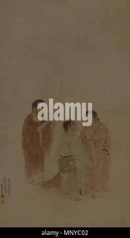 Trois Immortels . Les deux personnages se tenant la main sont les frères Hanshan et Shide, qui a vécu pendant la dynastie Tang. Ils sont connus comme les deux Immortels de l'harmonie. La troisième figure est Liu Hai, le Dieu de la richesse. 1677. 1191 Trois immortels, par Shen Shao Banque D'Images