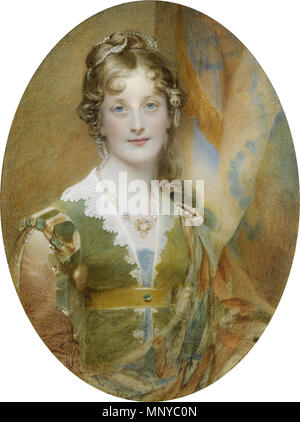 Jane Digby, Dame Ellenborough . Jane Digby, Dame Ellenborough (1807-1881), assis devant une ouverture et de suspendre des tentures, le port de l'Inde robe vert avec orange et vert, ses rouleaux épaule manches ornés en chute de révéler l'ambre, son Décolleté bordé de dentelle blanche, sarcelle underdress, un orange brûlé, sarcelle et Sea Green stole axe au son épaule gauche avec une perle, broche, ceinture ornée de safran et de saphir pendentif émeraude, ses cheveux blonds et bouclés, upswept partiellement habillés avec des brins de perles . 19e siècle. 1264 William Charles Ross - Portrait de Jane Digby Banque D'Images