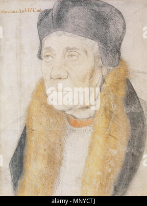 . Anglais : Portrait de William Warham, Archevêque de Canterbury. Noir, blanc et couleurs de craies, avec traces de silverpoint 49,7 × 30,9 cm,, Royal Collection, Windsor Castle. William Warham (1450-1532) avait été l'archevêque de Canterbury pour 22 ans lorsque Holbein est arrivé en Angleterre pour la première fois en 1526 à la recherche de travail. Holbein sont armés, avec une recommandation d'Érasme, le grand érudit humaniste, qui avait envoyé un portrait de lui-même par Holbein de Warham. Warham faisait partie d'un cercle humaniste qui correspondait avec Erasmus et inclus de Sir Thomas More, Holbein's ho Banque D'Images