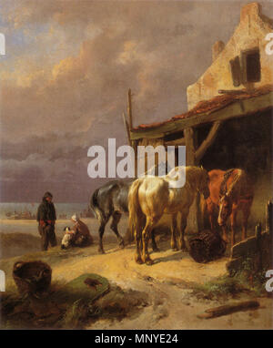 . Anglais : chevaux de repos à la plage 27,1 cm x 22,5 cm Collection privée huile sur panneau . Date inconnue. 1274 Wouterus Verschuur - Rustende trekpaarden bij het strand Banque D'Images