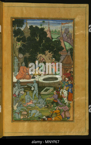 Babur et ses guerriers visiter un temple hindou . Anglais : Dans ce folio de Walters manuscrit W.596, Babur et ses guerriers sont représentés visiter le temple hindou Gurh Kattri (Kur Katri) dans Bigram. Anglais : Illustrations à partir de l'Autographe de Baburnama (mémoires de Babur) - fin du 16e siècle Bāburnāma est les mémoires de Ẓahīr ud-Dīn Muḥammad Bābur (1483-1530), fondateur de l'empire de Mughal et une arrière-arrière-petit-fils de Tamerlan. Il s'agit d'un travail autobiographique, rédigé à l'origine dans la langue, connu de Chagatai Babur comme 'Turki" (sens) turques, la langue parlée de l'Andijan-Timurid Banque D'Images