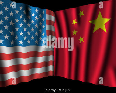 Aux USA et en Chine. Brandissant des drapeaux de la perspective des États-Unis d'Amérique et la Chine ensemble sur fond noir dramatique Banque D'Images
