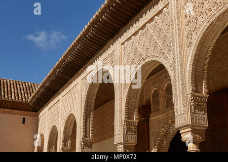 Dans un décor de la Cour des Myrtes (Patio de los Arrayanes) dans la région de La Alhambra, Grenade, Espagne. Banque D'Images