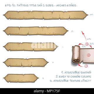 Vector Illustration d'un défilement Tittle Papyrus Tag avec bords arqués. Ensemble de cinq Petites Moyennes Grandes tailles et deux très grandes. Tous les éléments parfaitement sur Illustration de Vecteur