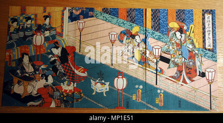 . Anglais : numéro d'Accession : 2009.118..1-.3 Afficher Artiste : Utagawa Kunisada Afficher Titre : Photo d'un homme élégant Shirabyoshi Dance Traduction(s) : Shirabyoshi imayo otoko mai no zu Date de création : 1855 technique : gravure sur bois HAUTEUR : 14 1/4 po. Largeur : 10 in. Dimensions d'affichage : 14 1/4 in. x 10 in. (36,2 cm x 25,4 cm) Editeur : Wakasaya Yoichi Credit Line : "cadeau du Capitaine George B. Powell, Jr., JAGC, USN' Label Copy : "Dans un shiraby ?shi (blanc rythme) de la danse, les courtisanes s'habillent de douzième siècle mens costumes et jouer le rôle de l'homme dans une inversion de la norme. Le héros de l'Inaka Genji, Mitsuuji, j Banque D'Images