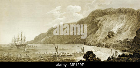 . Anglais : "Vue d'aujourd'hui [Karakakooa] Owhyee, Kealakekua" : site de la mort du Capitaine Cook. Volume de l'atlas. Karakakooa Bay est situé sur la côte ouest de l'île d'Owhyhee, dans un quartier appelé la. Il est d'environ un mille de profondeur, et délimitée par deux points bas de la terre, à la distance d'une demi lieue, et le roulement au sud Sud-Est et en Amérique du Nord Ouest de l'autre. Au nord, qui est plat et aride, se trouve le village de Kowrowa ; et dans le fond de la baie, à proximité d'un bosquet d'arbres à noix de cacao, il y a un autre village d'une plus grande taille, appelé : Kakooa entre Banque D'Images