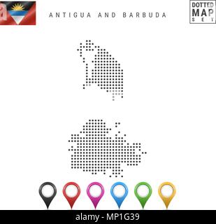 La carte à points vecteur d'Antigua-et-Barbuda. Silhouette simple d'Antigua-et-Barbuda. Drapeau national. Les marqueurs de carte Set Illustration de Vecteur